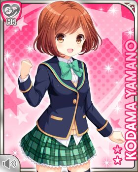 1girl blue_jacket bow brown_eyes brown_hair button female_focus girlfriend_(kari) green_bow green_skirt jacket looking_at_viewer official_art open_mouth pink_background plaid_clothes plaid_skirt qp:flapper shirt skirt smile solo standing tagme white_shirt yamano_kodama