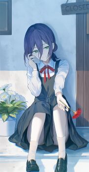 1girl adjusting_hair arm_up belt belt_buckle black_belt black_dress black_shoes buckle chainsaw_man closed_mouth closed_sign collared_shirt commentary corrupted_twitter_file dress flower full_body green_eyes hair_between_eyes hair_bun highres holding holding_flower legs_up loafers long_sleeves looking_at_viewer nakashima_(pluscolor) neck_ribbon outdoors plant potted_plant purple_hair red_flower red_ribbon reze_(chainsaw_man) ribbon shirt shoes short_hair sidelocks single_hair_bun sitting sleeveless sleeveless_dress socks solo white_flower white_shirt white_socks window wooden_door