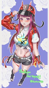 1girl asymmetrical_sleeves baseball_cap belt black_hat black_shorts black_visor blush breasts commission cosplay crop_top embarrassed fire_emblem fire_emblem_engage gloves graffiti hat highres honkai:_star_rail honkai_(series) horned_hat ivy_(fire_emblem) jacket large_breasts long_hair looking_at_viewer midriff mole mole_under_mouth navel nintendo open_clothes purple_eyes purple_hair rappa_(honkai:_star_rail) rappa_(honkai:_star_rail)_(cosplay) red_jacket shirt shorts single_sleeve_past_wrist solo spray_can stomach tarutaru193 uneven_sleeves vgen_commission white_belt white_shirt