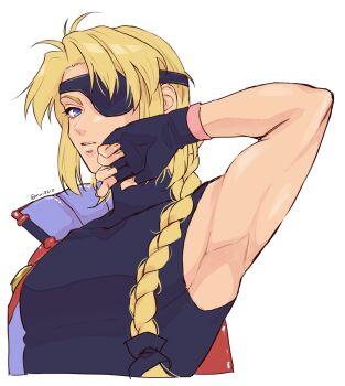 Rule 34 | 1boy, armpits, artist name, bartholomew fatima, black gloves, black shirt, blonde hair, blue eyes, braid, commentary request, eyelashes, eyepatch, fingerless gloves, gloves, highres, long hair, looking at viewer, male focus, mui8610, parted lips, shirt, side braid, simple background, toned, toned male, turtleneck, turtleneck shirt, twitter username, upper body, white background, xenogears