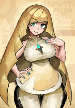 Rule 34 | alternate breast size (larger), black leggings, blonde hair, gem, green eyes, green gemstone, highres, leggings, lusamine (pokemon), mature female, nail polish, nintendo, pokemon, pokemon sm, saiykik, two-tone leggings, two-tone legwear, white leggings
