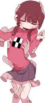 1girl 6+others blush braid brown_hair clenched_hand closed_eyes closed_mouth cowboy_shot disembodied_hand dokan_(dkn) flat_chest frown grabbing_another's_breast grey_skirt groping hand_on_another's_arm hand_on_another's_head hand_on_another's_hip hand_on_another's_stomach hand_on_another's_thigh hand_under_clothes hand_under_skirt hands_on_another's_chest long_hair long_sleeves low_twin_braids madotsuki miniskirt molestation multiple_others nervous nervous_sweating other_with_female pink_shirt pleated_skirt shirt simple_background skirt solo_focus surrounded_by_hands sweat thighs too_many_hands twin_braids u_u white_background yume_nikki