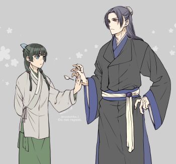 Rule 34 | 1boy, 1girl, absurdres, arm behind back, beads, black robe, blue eyes, blue ribbon, blunt bangs, bun cover, chinese commentary, closed mouth, commentary request, cowboy shot, dated, freckles, green hair, green skirt, grey background, grey shirt, hair beads, hair bun, hair ornament, hair over shoulder, hair ribbon, hand on own hip, highres, jinshi (kusuriya no hitorigoto), kusuriya no hitorigoto, light blush, looking at another, maomao (kusuriya no hitorigoto), parted bangs, pink eyes, purple hair, ribbon, robe, shirt, skirt, takehide, twitter username