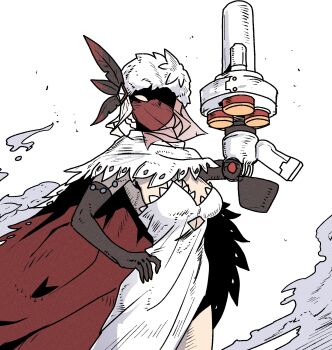 Rule 34 | 1girl, alternate color, arm cannon, black dahlia, breasts, cowboy shot, cyborg, dress, elbow gloves, gloves, grenade launcher, han gong, hand on own hip, hat, hat feather, large breasts, mask, skullgirls, smoke, solo, veil, weapon, white background