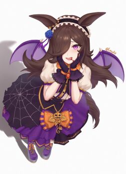 1girl absurdres animal_ears bat_wings black_corset black_gloves blood blood_on_face blue_flower blue_rose blush bow breasts brown_hair commentary corset fangs flipped_hair flower frilled_hairband frills gloves hair_over_one_eye hairband halloween halloween_costume hands_on_own_face highres horse_ears horse_girl horse_tail lace lace-trimmed_gloves lace_trim lesu long_hair looking_at_viewer official_alternate_costume open_mouth puffy_short_sleeves puffy_sleeves purple_eyes purple_skirt purple_wings rice_shower_(make_up_vampire!)_(umamusume) rice_shower_(umamusume) rose shirt short_sleeves simple_background skirt smile solo symbol-only_commentary tail umamusume white_shirt wings