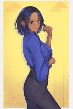 1girl alternate_costume alternate_hair_length_(shorter) alternate_hairstyle black_hair black_pants blue_eyes blue_hair blue_nails blue_shirt border bracelet breasts closed_mouth commentary commission earrings english_commentary eyelashes fingernails geeta_(pokemon) grid_background high-waist_pants highres jewelry lips long_sleeves multicolored_hair nail_polish nintendo pants pokemon pokemon_scarlet_and_violet rurui134 shirt short_hair smile solo two-tone_hair vgen_commission white_border yellow_background