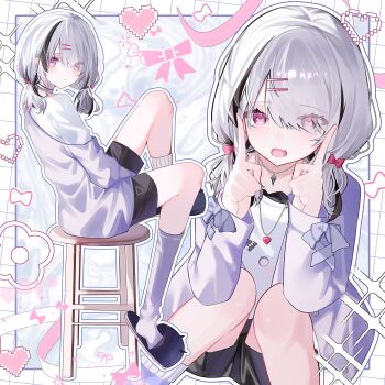 1girl asumi_sena asumi_sena_(5th_costume) asymmetrical_legwear black_hair border cattleya_regina_games eyes_visible_through_hair fang hair_over_one_eye hairclip highres index_finger_raised jacket jewelry kneehighs looking_at_viewer low_twintails mismatched_legwear multicolored_hair multiple_views necklace outline parallel_hairclips pink_eyes purple_jacket purple_socks shirt shorts sitting slippers socks stove twintails two-tone_hair uneven_legwear virtual_youtuber vspo! white_hair yuru._(m29125567)