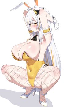 Rule 34 | 1girl, absurdres, animal ears, areola slip, arm garter, armpits, arms up, bare shoulders, black survival, blush, bow, breasts, cameltoe, cleavage, commentary request, covered navel, detached collar, eternal return: black survival, fake animal ears, fishnet pantyhose, fishnets, gloves, hahyaha, hair bow, high heels, highleg, highleg leotard, highres, korean commentary, large breasts, leotard, long hair, looking ahead, minami rio, minami rio (winning shot), multicolored hair, official alternate costume, pantyhose, playboy bunny, rabbit ears, shadow, shoes, side-tie leotard, simple background, solo, spaghetti strap, squatting, streaked hair, very long hair, white background, white gloves, white hair, white shoes, wrist cuffs, yellow eyes, yellow leotard