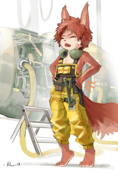 1boy aircraft airplane animal_ears barefoot closed_eyes commentary commentary_request earmuffs engine fox_boy fox_cub fox_ears fox_tail fueling furry furry_male hands_on_own_hips highres jet_engine ladder lirenans male_focus open_mouth original overalls red_fur red_hair short_hair socket_wrench solo stretching tail tiptoes yellow_overalls