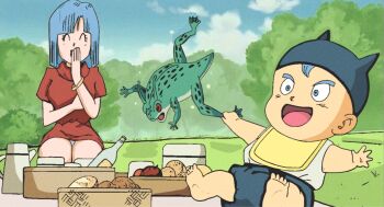 1boy 1girl artist_request blue_hair bulma closed_eyes covering_own_mouth dragon_ball dragonball_z flashback frog hand_over_own_mouth mother_and_son non-web_source open_mouth panties picnic red_shirt shirt sitting source_request trunks_(dragon_ball) underwear white_panties