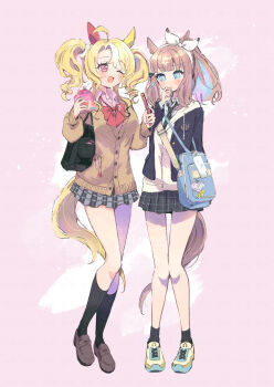 2girls ahoge almond_eye_(umamusume) alternate_costume alternate_hairstyle animal_ears ankle_socks black_bag black_jacket black_socks blazer blonde_hair blue_bag blue_eyes blue_hair blush bow bow_hairband bowtie brown_cardigan brown_tail cardigan cellphone colored_inner_hair commentary_request cross-shaped_pupils drink_carton flip_phone full_body fusaichi_pandora_(umamusume) hairband highres holding holding_juice_box holding_phone hood hood_down hoodie horse_ears horse_girl horse_tail jacket juice_box kneehighs kurumi_poke long_hair long_sleeves looking_at_viewer miniskirt mismatched_ear_covers multicolored_hair multiple_girls necktie one_eye_closed open_clothes open_jacket open_mouth phone pink_eyes plaid_clothes plaid_necktie plaid_skirt pleated_skirt ponytail red_bow red_bowtie school_uniform shirt simple_background skirt smile socks standing streaked_hair symbol-shaped_pupils tail twintails umamusume white_background white_hairband white_hoodie white_shirt white_streaks x-shaped_pupils yellow_tail