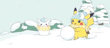 Rule 34 | artist request, beanie, building snowman, bush, character snowman, gen 1 pokemon, gen 5 pokemon, hat, hat pin, highres, nintendo, no humans, official art, outdoors, pikachu, pine tree, plaid clothes, plaid scarf, pokemon, pokemon (creature), pom pom (clothes), pom pom beanie, scarf, snow, snowball, snowing, snowman, tree, vanillite, winter, winter clothes, yellow scarf
