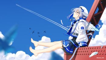 1girl amane_kanata amane_kanata_(work) angel_wings barefoot beret bird black_dress black_gloves blue_eyes blue_hair blue_nails blue_sky blue_wings casino_(casinoep) chinese_commentary cloud colored_inner_hair commentary_request contrail cumulonimbus_cloud day drawstring dress falling_feathers feathered_wings feathers feet fingerless_gloves frilled_dress frills from_side full_body gloves gradient_clothes gradient_dress gradient_wings grey_hair hair_ornament hair_rings hairclip hat highres hololive jacket jewelry light_smile long_hair long_sleeves looking_up mini_wings multicolored_hair multicolored_wings nail_polish necklace official_alternate_costume outdoors pink_streaks pleated_dress puffy_long_sleeves puffy_sleeves short_dress sitting sky solo star_(symbol) star_necklace steel_beam toenail_polish toenails toes virtual_graduation_commemoration virtual_youtuber white_hat white_jacket white_wings wings