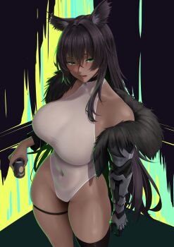 1girl absurdres animal_ear_fluff animal_ears black_hair black_thighhighs blush breasts can commentary commission covered_navel cowboy_shot cropped_jacket cyborg defaultkavy english_commentary fur-trimmed_jacket fur_trim green_eyes hair_between_eyes highres holding holding_can impossible_clothes impossible_leotard jacket large_breasts leotard long_hair looking_at_viewer mechanical_arms navel open_clothes open_jacket original single_mechanical_arm skindentation solo standing thigh_strap thighhighs very_long_hair white_leotard