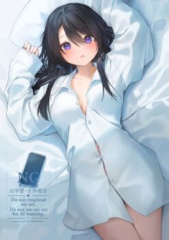 1girl arms_up bed_sheet blush breasts cellphone collarbone collared_shirt commentary_request dress_shirt hair_between_eyes hu_kotora long_hair long_sleeves looking_at_viewer lying navel on_back original parted_lips phone pillow pinching_sleeves purple_eyes shirt sleeves_past_wrists small_breasts solo watermark white_shirt