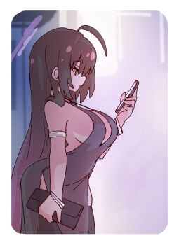 Rule 34 | 1girl, ahoge, armband, bag, bare shoulders, black dress, black hair, black thighhighs, blue archive, breasts, commentary, dark-skinned female, dark skin, dress, evening gown, gradient hair, halo, handbag, highres, holding, holding bag, karin (blue archive), large breasts, long hair, looking at object, mabufuyo, multicolored hair, pelvic curtain, purple hair, purple halo, sideboob, silver bangle, skindentation, solo, thighhighs, very long hair, yellow eyes