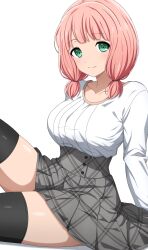 Rule 34 | 1girl, absurdres, arm behind back, bang dream!, black thighhighs, blunt bangs, blush, breasts, buttons, closed mouth, collarbone, commentary request, cowboy shot, from side, green eyes, grey skirt, high-waist skirt, highres, knee up, large breasts, long sleeves, looking at viewer, looking to the side, low twintails, medium hair, miniskirt, noshimurin, pink hair, plaid, plaid skirt, pleated skirt, shadow, shirt, short twintails, simple background, sitting, skirt, smile, solo, thighhighs, twintails, uehara himari, white background, white shirt