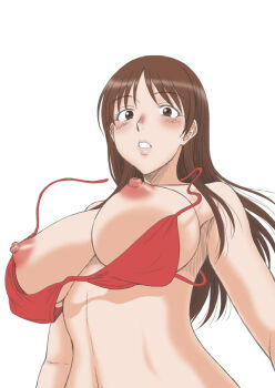 1girl bikini blush breasts breasts_out brown_eyes brown_hair covered_erect_nipples embarrassed female_focus from_below kamisama_dolls large_breasts lips long_hair looking_at_viewer misnon_the_great nipples parted_bangs parted_lips puffy_nipples red_bikini shiba_hibino simple_background solo swimsuit untied_bikini upper_body wardrobe_malfunction white_background wide_hips