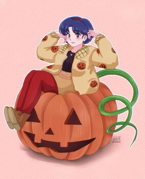 Rule 34 | 1girl, absurdres, blue hair, brown eyes, closed mouth, commentary, full body, hairband, halloween, highres, jack-o'-lantern, jack-o'-lantern print, lips, ohmagaby, pale skin, pink background, ranma 1/2, red hairband, short hair, sitting, sitting on object, smile, solo, tendou akane