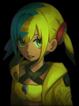 1girl aqua_eyes aqua_hair bandeau black_background black_hair blonde_hair canari_(pokemon) dark-skinned_female dark_skin eyelashes hair_between_eyes highres jacket long_sleeves looking_at_viewer multicolored_eyes nintendo open_clothes open_jacket parted_lips pokemon pokemon_legends:_z-a short_hair solo twintails two-tone_eyes unadayu1 upper_body yellow_bandeau yellow_eyes yellow_jacket