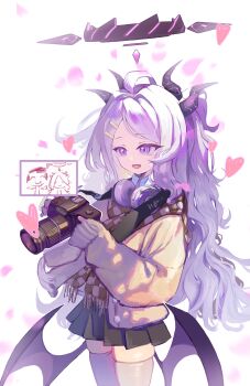 1girl absurdres ahoge aoi_233 black_halo black_skirt blue_archive camera chinese_commentary commentary demon_girl demon_horns demon_wings doodle_sensei_(blue_archive) halo headphones heart highres hina_(blue_archive) holding holding_camera horns long_hair low_wings sensei_(blue_archive) skirt solo standing thighhighs white_hair white_thighhighs wings