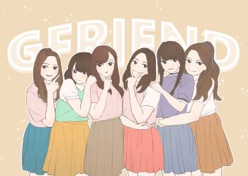 Rule 34 | 6+girls, blunt bangs, blush, bob cut, braid, brown hair, brown skirt, chinese commentary, chu 0618, commentary request, eunha (gfriend), gfriend, green sweater vest, group name, half updo, highres, hug, hug from behind, multiple girls, orange skirt, pink skirt, pink sweater vest, short sleeves, sinb (gfriend), skirt, smile, sowon (gfriend), sparkle, sweater vest, twin braids, umji (gfriend), v, yerin (gfriend), yuju (gfriend)