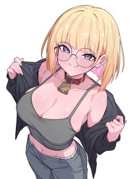 1girl absurdres bell belt_collar black-framed_eyewear black_jacket blonde_hair blue_eyes blush breasts buckle camisole character_request cleavage closed_mouth clothes_writing collar colored_inner_hair commentary copyright_request cowboy_shot crop_top denim film_grain from_above glasses grey_camisole grey_pants hands_up highres jacket jacket_partially_removed jeans large_breasts looking_at_viewer looking_up mekato midriff multicolored_hair navel neck_bell panties pants panty_peek removing_jacket round_eyewear short_hair simple_background smile solo spaghetti_strap standing symbol-only_commentary underwear underwear_writing virtual_youtuber white_background white_panties