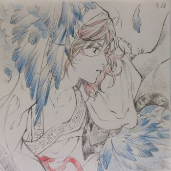 Rule 34 | 1boy, absurdres, bird wings, chinese clothes, colored pencil (medium), commentary request, dated, emu (bleudoux r), from side, getian (reverse:1999), graphite (medium), hanfu, harpy boy, headscarf, highres, limited palette, male focus, monster boy, profile, reverse:1999, solo, traditional media, upper body, winged arms, wings