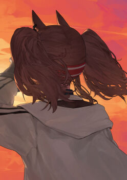 1girl angelina_(arknights) animal_ears arknights arm_up backlighting brown_hair coat commentary english_commentary evening facing_away fox_ears from_behind highres hood hood_down hooded_coat long_hair long_sleeves mkrk_mikaerukung orange_sky outdoors sky solo sunlight twintails upper_body white_coat