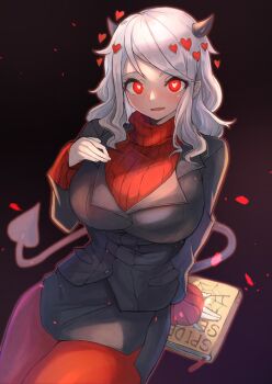 1girl arm_support black_horns black_jacket black_skirt book breasts bright_pupils demon_girl demon_tail eyes_visible_through_hair fingernails formal_clothes hair_ornament hand_on_own_chest heart heart-shaped_pupils heart_hair_ornament helltaker highres horns jacket large_breasts medium_hair modeus_(helltaker) ohako_(ohako1818) open_mouth pantyhose pencil_skirt red_eyes red_pantyhose red_sweater sidelocks skirt skirt_set skirt_suit small_horns suit sweater swept_bangs symbol-shaped_pupils tail white_hair white_pupils