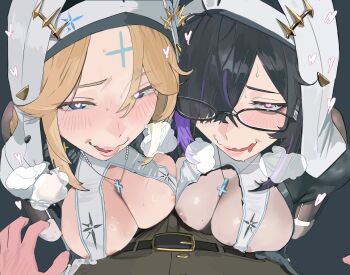 1girl absurdres black_hair blonde_hair blue_eyes braid breast_press breasts colored_inner_hair commentary dress glasses goddess_of_victory:_nikke highres hintobento huge_breasts label_(nikke) long_hair multicolored_hair nun nun_headdress purple_hair rapunzel_(nikke) symbol-only_commentary tagme two-tone_hair