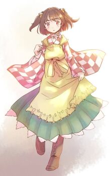 1girl apron apron_hold bell boots brown_background brown_boots brown_eyes brown_hair character_name checkered_clothes checkered_kimono collar commentary_request frilled_apron frilled_collar frills full_body green_skirt hair_bell hair_ornament japanese_clothes kimono light_blush long_sleeves motoori_kosuzu one-hour_drawing_challenge parted_lips rangycrow red_kimono shirt short_hair skirt solo touhou twintails white_shirt yellow_apron