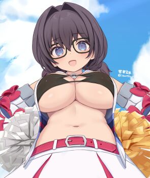 1girl alice_gear_aegis belt bikini bikini_top_only black-framed_eyewear black_bikini blue_eyes blush bow breasts cheerleader cleavage detached_sleeves from_below glasses komazoi_eden large_breasts low_twintails open_clothes open_mouth open_shirt pom_pom_(cheerleading) purple_hair red_bow red_pupils seseragi_(star4rats) short_hair short_twintails skirt sky smile solo standing swimsuit twintails twitter_username underboob white_skirt white_sleeves