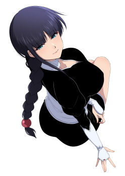1girl absurdres aqua_eyes arm_at_side ass beads black_hair black_kimono bleach blunt_bangs braid braided_ponytail breasts choker closed_mouth commentary_request eyelashes from_above from_behind full_body hair_beads hair_ornament highres japanese_clothes juliet_sleeves kimono kurotsuchi_nemu large_breasts lips long_hair long_sleeves looking_at_viewer looking_up nishizuki_shino partial_commentary puffy_sleeves purple_hair short_kimono simple_background sitting solo tsurime very_long_hair white_background white_choker