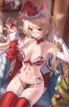 1girl absurdres animal_ear_fluff animal_ears bell blonde_hair blue_eyes breasts cat_ears cat_girl cleavage collarbone commentary cup detached_collar drinking_glass elbow_gloves fang fur-trimmed_headwear fur-trimmed_thighhighs fur_trim garter_belt gloves hat highres holding holding_cup hong_(vsak3373) large_breasts neck_bell open_mouth original red_hat red_thighhighs santa_hat skin_fang solo steam thighhighs twintails white_gloves wine_glass