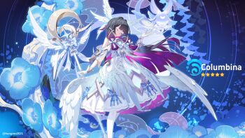 1girl absurdres adapted_costume bare_shoulders black_background black_hair blue_bow bow character_name closed_eyes columbina_(genshin_impact) commentary_request dress eye_mask feet_out_of_frame genshin_impact gloves hair_ornament head_wings highres hongmomo hydro_symbol_(genshin_impact) long_hair luonnotar_(genshin_impact) magical_girl mask multicolored_hair official_style pink_hair purple_hair skirt smile star_(symbol) striped_bow twitter_username very_long_hair wand white_dress white_gloves white_mask wing_hair_ornament winged_wand wings