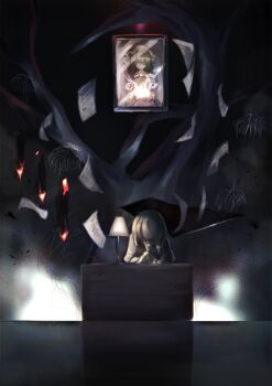 2girls ascot bow closed_eyes closed_mouth dress flying_paper hair_bow hat long_dress long_sleeves looking_down maribel_hearn mob_cap multiple_girls muraryo no_headwear one_eye_covered paper purple_dress shirt sitting sky smile star_(sky) starry_sky table touhou usami_renko white_hat white_shirt writing