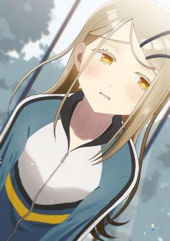 Rule 34 | 1girl, absurdres, blonde hair, blush, colored eyelashes, commentary, earrings, exhausted, gakuen idolmaster, green jacket, grey sky, hair ornament, hairclip, highres, idolmaster, jacket, jewelry, long hair, looking to the side, moroboshi nemuru, multicolored jacket, open mouth, outdoors, parallel hairclips, shinosawa hiro, sky, solo, striped clothes, striped jacket, stud earrings, sweat, swept bangs, track jacket, vertical-striped clothes, vertical-striped jacket, white jacket, zipper, zipper pull tab