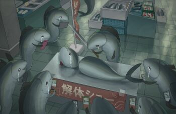 cellphone crying fins fish fish_market floor highres holding holding_knife holding_phone indoors knife no_humans original phone smartphone smile streaming_tears surreal tears tensen_(dotted_line) what