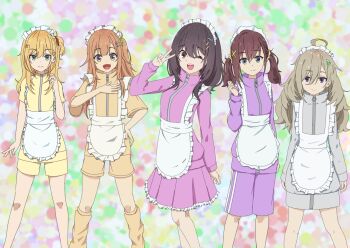 5girls ;d ahoge apron closed_mouth commentary_request furutachi_kurea hand_on_own_hip hand_up headdress hibi_wa_sugiredo_meshi_umashi higa_tsutsuji highres hoshi_nana jacket jersey_maid kawai_mako kneehighs knees long_hair looking_at_viewer maid maid_headdress multiple_girls ogawa_shinon one_eye_closed open_mouth pleated_skirt shirt short_sleeves shorts skirt smile socks teeth twintails unconventional_maid upper_teeth_only v wanigi white_apron yellow_shirt yellow_shorts zipper_pull_tab
