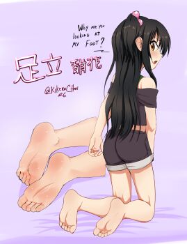 1girl absurdres adachi_tenka barefoot black_hair brown_eyes drawskeiichi feet highres long_hair looking_at_viewer looking_back open_mouth shorts shoujo_ramune soles toes twintails