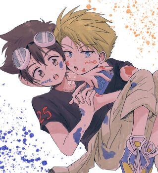Rule 34 | 2boys, black shirt, blonde hair, blue eyes, brown eyes, brown hair, chiyu (user hrwu2257), digimon, digimon adventure, goggles, highres, holding hands, ishida yamato, multiple boys, shirt, short hair, simple background, watermark, white background, yagami taichi, yaoi