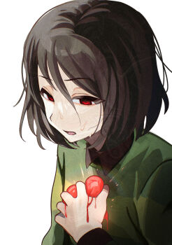 1other absurdres adversarial_noise brown_hair collared_shirt deltarune green_shirt hair_between_eyes highres holding kris_(deltarune) shirt short_hair simple_background solo soul_(deltarune) sweat undershirt upper_body utdr_(toby_fox) valve_core white_background