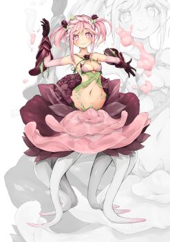 absurdres alraune arm_up bare_shoulders blush breasts cleavage commentary_request criss-cross_halter detached_sleeves different_zoom_layer flower hair_between_eyes hair_flower hair_ornament halterneck headdress heart heart_in_eye highres leaf long_sidelocks monster_girl navel organic_bra original petals pink_eyes pink_hair pink_petals plant plant_girl plant_roots red_flower red_rose rose rose_petals shitoi_(aqua1487) sidelocks small_breasts smile symbol_in_eye twintails vines