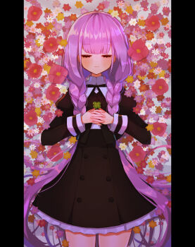 1girl absurdres akatanotaki assault_lily black_skirt braid closed_eyes closed_mouth clover commentary_request facing_viewer highres hitotsuyanagi_yuri holding holding_clover juliet_sleeves long_hair long_sleeves low_twin_braids lying on_back pillarboxed puffy_sleeves skirt solo twin_braids very_long_hair