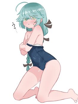 1girl ahoge black_ribbon blush braid breasts brown_eyes clothes_lift covering_breasts covering_privates embarrassed grey_hair hair_over_eyes hair_ribbon hamanami_(kancolle) highres kantai_collection kneeling long_hair looking_at_viewer matu_(matu19) ribbon school_swimsuit single_braid small_breasts solo sweatdrop swimsuit swimsuit_lift