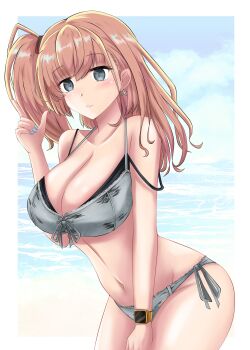 1girl absurdres anchor_hair_ornament atlanta_(kancolle) atlanta_(swimsuit)_(kancolle) beach bikini blue_nails blush border breasts brown_hair cleavage commentary_request earrings grey_bikini grey_eyes hair_ornament highres jewelry kantai_collection large_breasts layered_bikini long_hair looking_at_viewer nail_polish navel nipa_(graf_xsr900) ocean one_side_up sand side-tie_bikini_bottom smartwatch solo star_(symbol) star_earrings swimsuit watch water white_border wristwatch