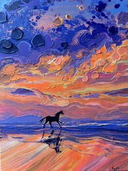 acrylic_paint_(medium) anastasia_trusova animal blue_sky commentary english_commentary evening gradient_sky highres horse no_humans orange_sky original outdoors painting_(medium) scenery sky traditional_media