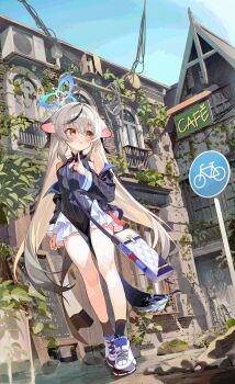 Rule 34 | 1girl, absurdres, alpha beast, animal ears, bag, black dress, blue archive, blue halo, china dress, chinese clothes, clothing cutout, commentary, covered navel, diamond cutout, dress, full body, grey hair, halo, highres, jacket, kokona (blue archive), long hair, multicolored hair, outdoors, pelvic curtain, pen, shoes, solo, streaked hair, striped clothes, striped dress, striped jacket, tiger ears, tiger girl, untranslatable commentary, vertical-striped clothes, vertical-striped dress, vertical-striped jacket