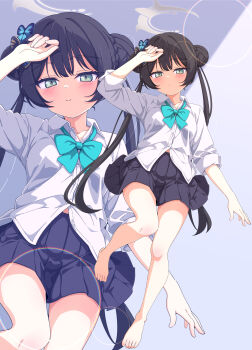 1girl absurdres alternate_costume aqua_bow arm_up barefoot black_hair black_skirt blue_archive blush bow bowtie braid braided_bun breasts butterfly_hair_ornament commentary_request different_zoom_layer double_bun dress_shirt feet green_eyes grey_halo hair_bun hair_ornament halo hand_on_own_forehead highres kame_(nokonoko10271) kisaki_(blue_archive) light_smile long_hair looking_at_viewer lying on_back partially_unbuttoned pleated_skirt school_uniform shirt skirt sleeves_rolled_up small_breasts solo twintails white_shirt